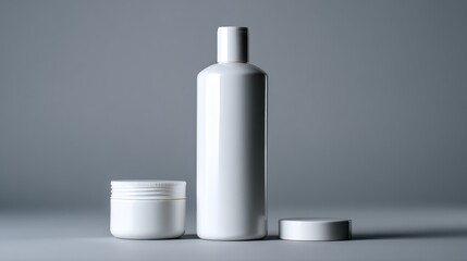 Minimalist grey bottle with opened lid on soft background for product branding packaging advertising photography composition clean modern scene design