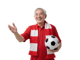 An elderly man in red shirt with scarf holds soccer ball and gestures, showing enthusiasm for sports.