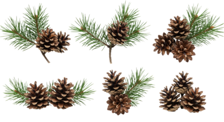 Collection of Pine Cones and Pine Needles on White Background 5.