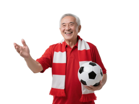 An elderly man in red shirt with scarf holds soccer ball and gestures, showing enthusiasm for sports.