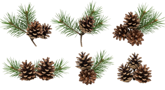 Collection of Pine Cones and Pine Needles on White Background 5.
