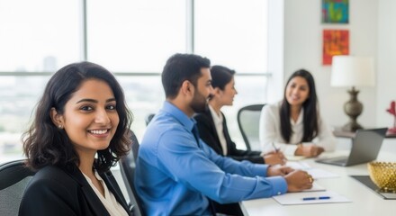 Professional Collaboration: A cheerful young businesswoman smiles at the camera during a productive team meeting in a sunlit, contemporary office setting.