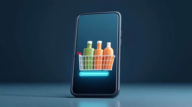 Smartphone e commerce shopping cart with bottles basket glowing progress bar and checkout button conveying online purchase convenience for mobile