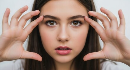 Fototapeta premium Captivating close-up portrait of a young woman with a focused gaze, her hands framing expressive brown eyes against a bright, isolated background.