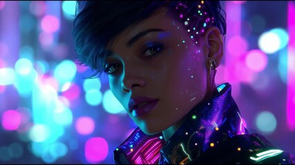 Captivating digital art display featuring a young woman illuminated by vibrant neon lights in a futuristic cityscape - Powered by Adobe