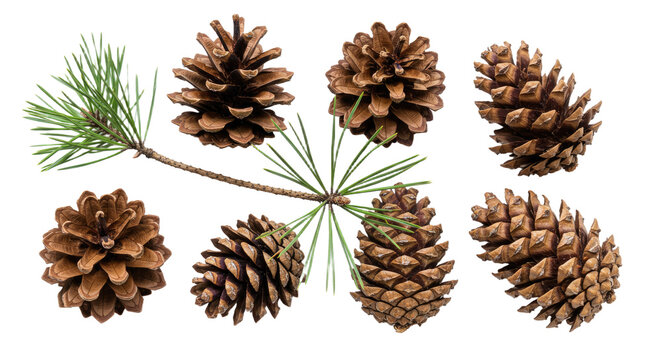 Collection of Pine Cones and Pine Needles on White Background 14. - Powered by Adobe