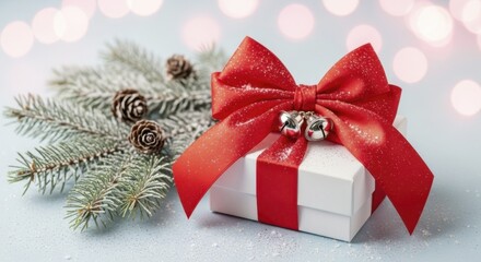  Red Bow Gift Box with Silver Bells, Frosted Pine Branches, Bokeh Lights