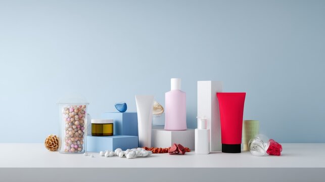 Colorful supplement bottles and candy containers on blue table for nutrition branding healthcare pharmaceutical photography composition
