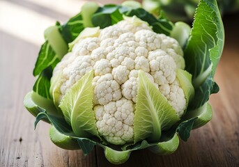 cauliflower on a wooden table, Fresh Cauliflower with Green Leaves on Wooden Surface — Natural Texture and Wholesome Presentation in Rustic Setting