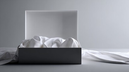 Minimalist bed linen set in box on neutral background for home textile branding ecommerce product advertising display photography layout presentation