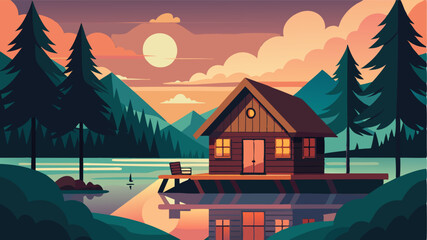 A peaceful retreat a wooden cabin hidden ast towering trees with a small dock perfect for fishing or watching the sunset.
