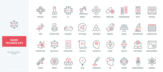 Nanotechnology line icons set. laboratory research of chromosomes and molecular structure, chemical liquid and brain, chemistry lab innovation thin black and red outline symbols, vector illustration