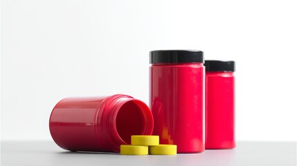 Red and pink supplement bottles with yellow pills on white background