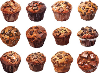 Watercolor Chocolate Chip Muffins Clipart