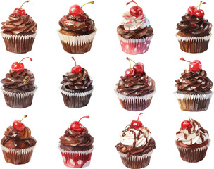Watercolor Chocolate Cupcakes with Cherry Clipart
