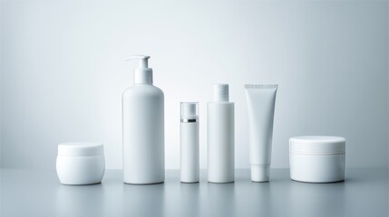 All white skincare bottles on clean background for beauty product and branding layout visuals