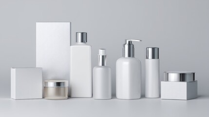 Monochromatic white cosmetic containers on neutral background for clean skincare product branding concept
