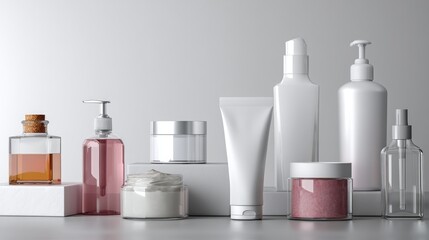 White skincare containers with silver accents on reflective surface for cosmetic product branding