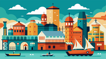 Naklejka premium A bustling port with towering grain silos and warehouses converted into trendy bars and restaurants preserving the citys maritime heritage.