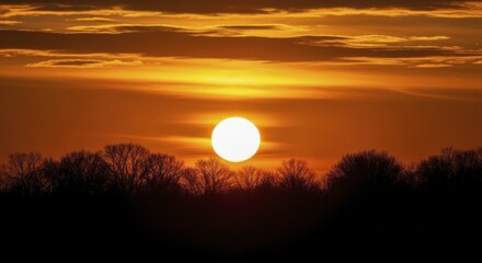 Dramatic Orange Sky with Sun Setting Behind Darkened Tree Silhouettes