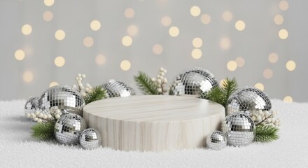 Wooden pedestal on snow with silver disco balls, green pine branches and festive bokeh lights