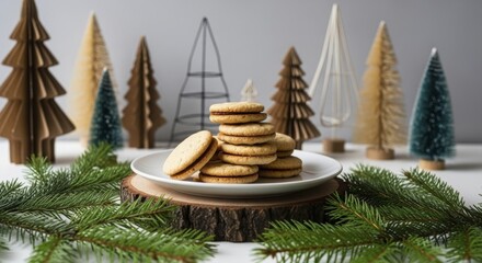  Festive holiday cookies and winter decorations arranged on a wooden platform and white surface