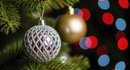 Glittery silver bauble and golden ornament hanging on green spruce branch with festive bokeh lights
