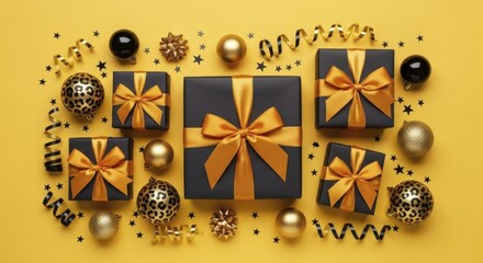 Elegant black gift boxes with golden ribbons and festive ornaments on yellow background