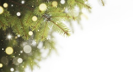 Festive Evergreen Spruce Branches Adorned with Golden Bokeh Lights and Sparkling Particles