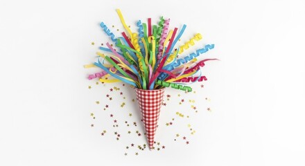  Vibrant multicolored party streamers bursting from a red checkered cone with scattered golden star confetti
