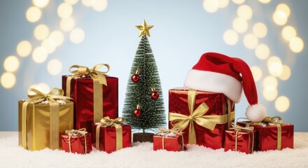 Festive Christmas presents and Santa hat with decorated miniature tree on snow bokeh background