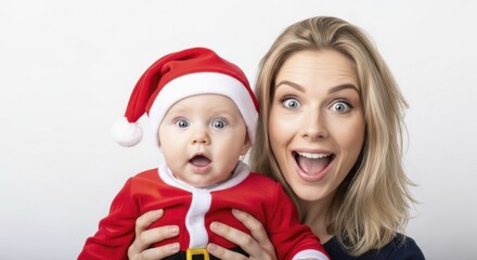  Excited mother holding surprised baby in Santa Claus costume against white background