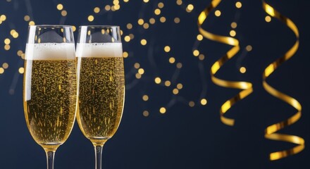 Two sparkling champagne flutes filled with bubbly golden liquid against a defocused dark background with glowing bokeh lights and festive golden streamers
