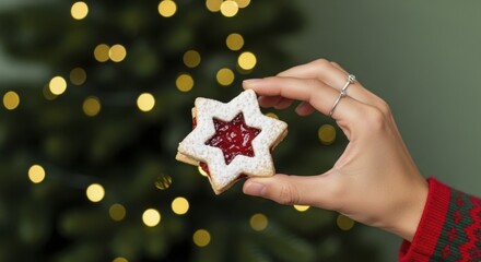  Hand holding festive star shaped jam cookie with powdered sugar against a blurry holiday lights background
