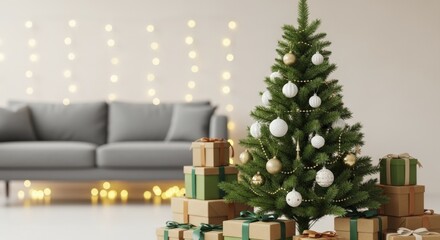 A festive decorated evergreen tree stands beside stacked wrapped gifts in a cozy living room during the holiday season
