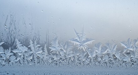 Detailed frost formations and ice crystals on a cold winter window glass surface