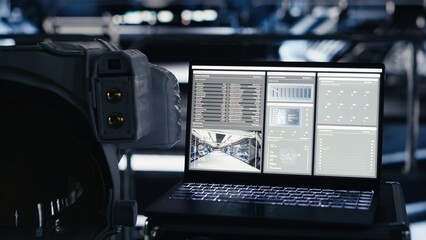 Laptop in starship showing thermal stability and core performance metrics during orbital flight to Mars. Spaceship engine readouts analytics on notebook during trip to alien red planet