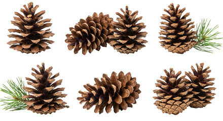 Collection of six natural pine cones on a white background.