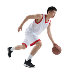 Naklejka premium A young man in basketball uniform is dribbling the ball in a dynamic sports movement.