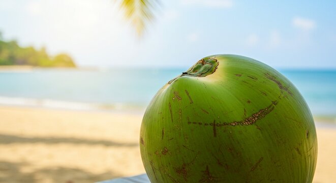 young coconut with bokeh beach background.
