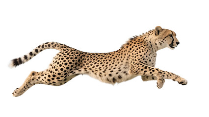 A cheetah is captured mid-leap, showcasing its exceptional speed and distinctive spotted coat.