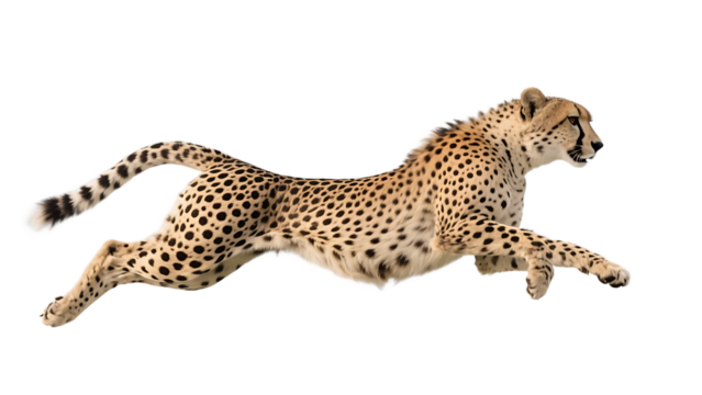 A cheetah is captured mid-leap, showcasing its exceptional speed and distinctive spotted coat.