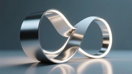 A silver infinite loop shape showcasing continuous concept with reflective surface and modern design.