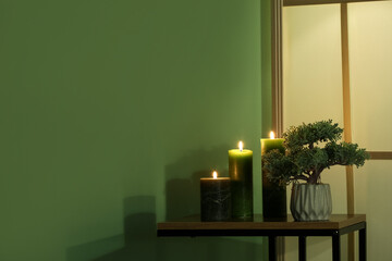 Burning candles and houseplant on table near green wall in room