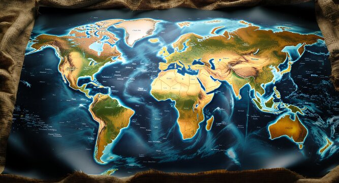 Globally detailed world map with glowing blue oceans and golden continental relief, artistically rendered for themes of travel, geography, exploration, and international connection, presented on