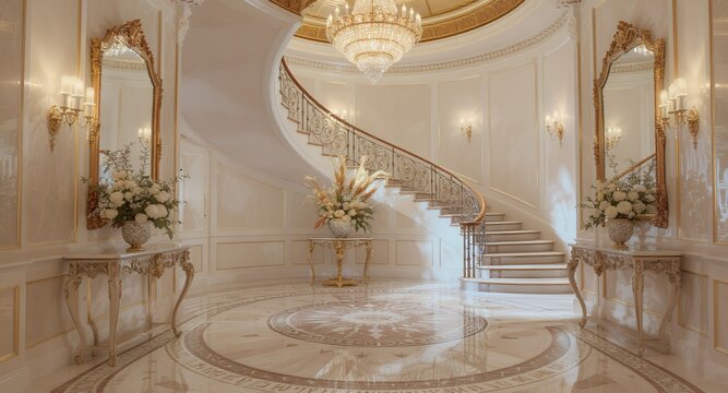 Grand Opulent Spiral Staircase with Dazzling Crystal Chandelier and Intricate Marble Floor in a Luxurious Classic Interior, Featuring Elegant Gold Decor, Ornate Mirrors, and Sophisticated Floral