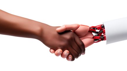 A handshake between a dark skinned human hand and a robotic hand with red and silver components