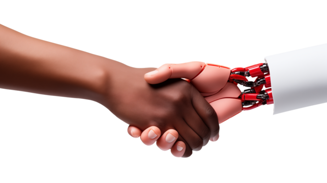 A handshake between a dark skinned human hand and a robotic hand with red and silver components