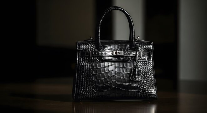 Close up of a black crocodile skin handbag on a dark background