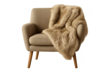 Cozy beige armchair with faux fur throw blanket